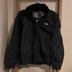 Black North Face zip up rain coat